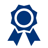 A blue ribbon rosette with two tails hanging down. The rosette is circular and commonly used as an icon for awards or achievements.