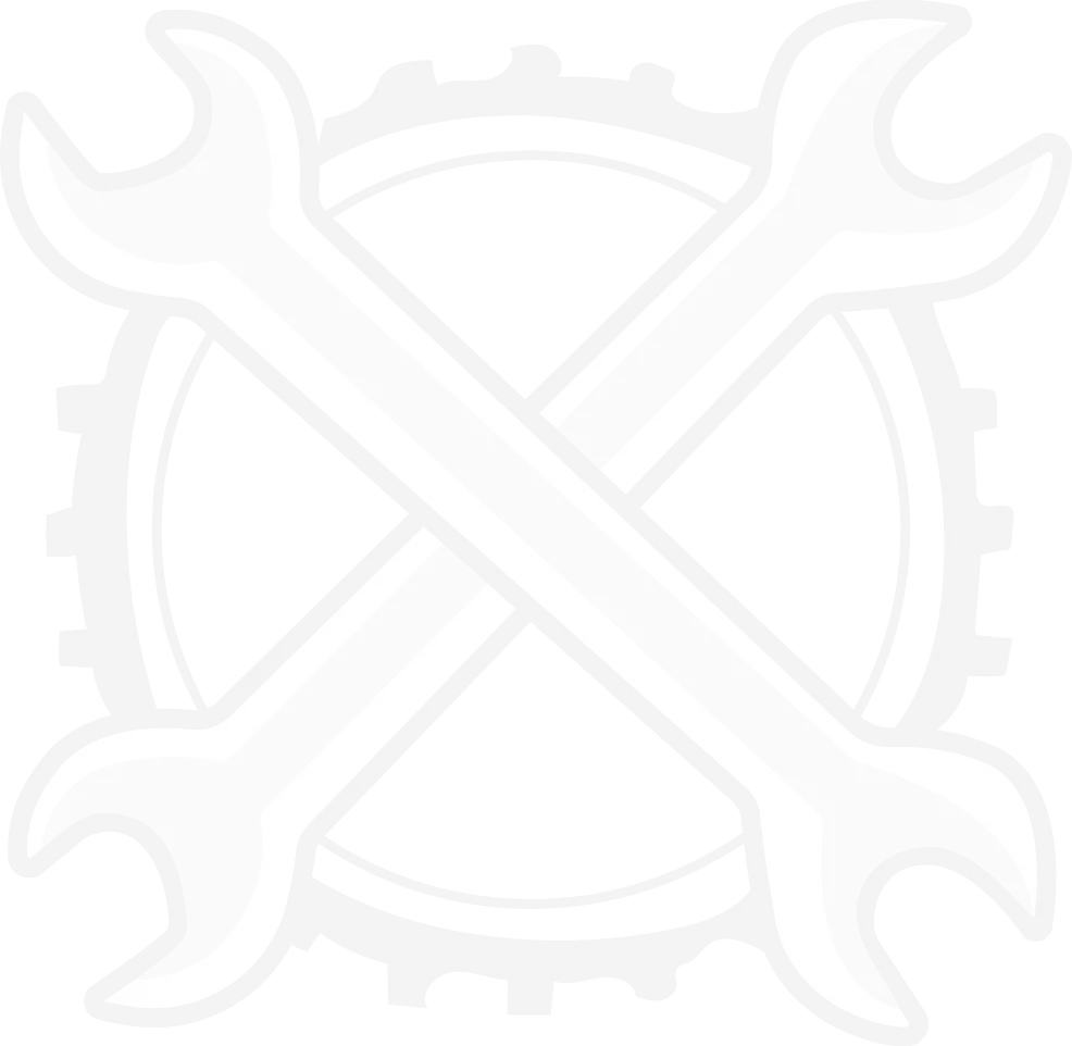 An illustration of two crossed wrenches in the foreground with a circular gear in the background. The wrenches form an "X" shape. The image uses shades of gray and white.