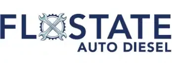 Logo for FloState Auto Diesel with the text "FLOSTATE AUTO DIESEL." The letter "O" in "FLOSTATE" is designed with a gear and crossed wrenches. The logo features a color scheme of blue and white.