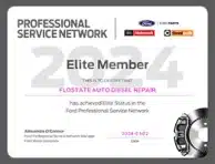 Certificate of Elite Membership awarded to Flostate Auto Diesel Repair by the Ford Professional Service Network, verifying achievement of Elite Status in 2024. Contains signatures and logos of Ford, Omnicraft, and Motorcraft.