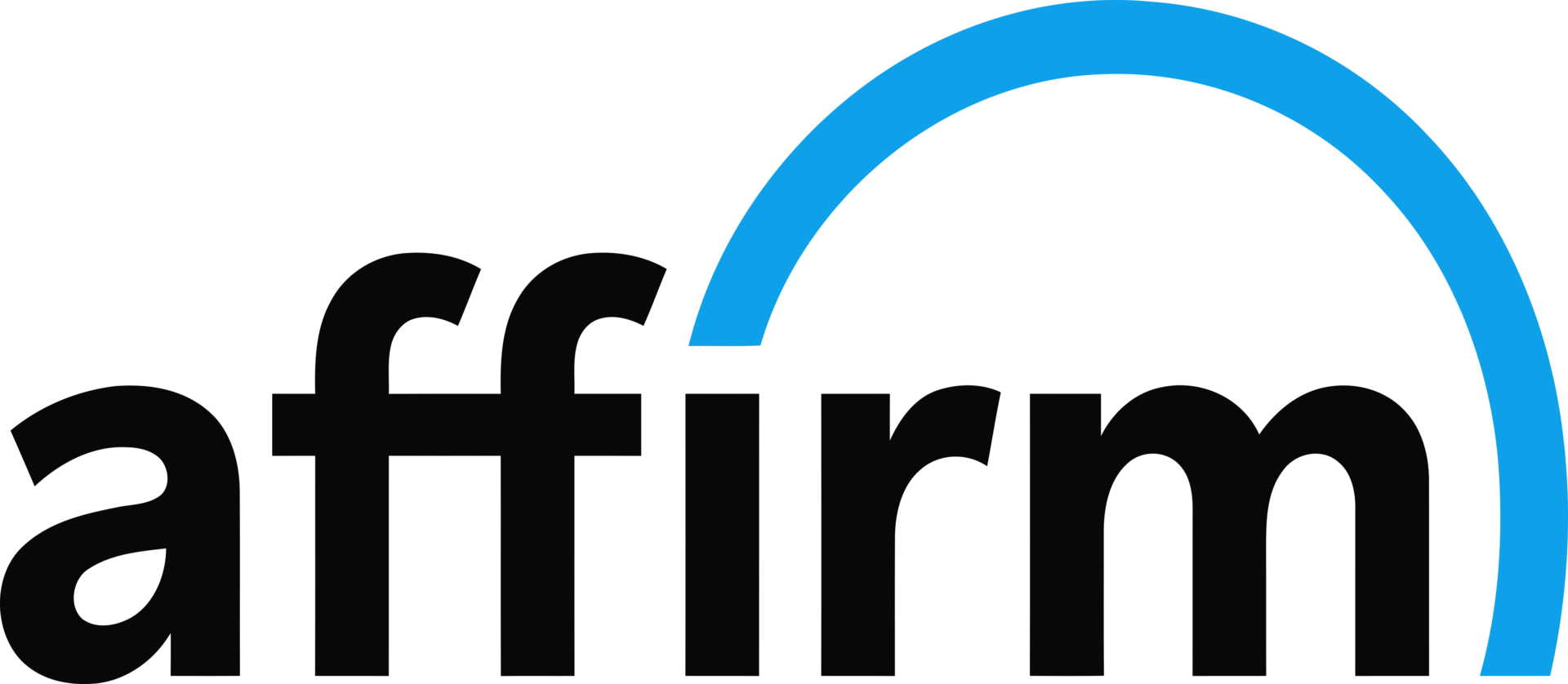 The image shows the Affirm logo, featuring the word affirm in black lowercase letters. A blue arc begins above the second f and extends to the top of the m. The background is white.