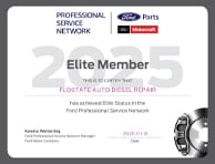 Certificate of Elite Membership awarded to Flostate Auto Diesel Repair by the Ford Professional Service Network, verifying achievement of Elite Status in 2024. Contains signatures and logos of Ford, Omnicraft, and Motorcraft.