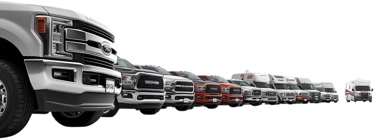 Commercial fleet of pickup trucks, vans, and box trucks for professional auto and diesel repair services