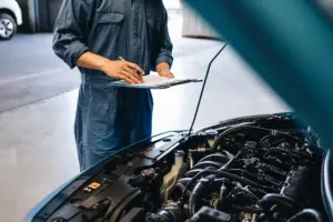 Auto mechanic in blue coveralls writing a vehicle inspection report on a clipboard next to an open car engine bay. European auto repair in St. Cloud.
